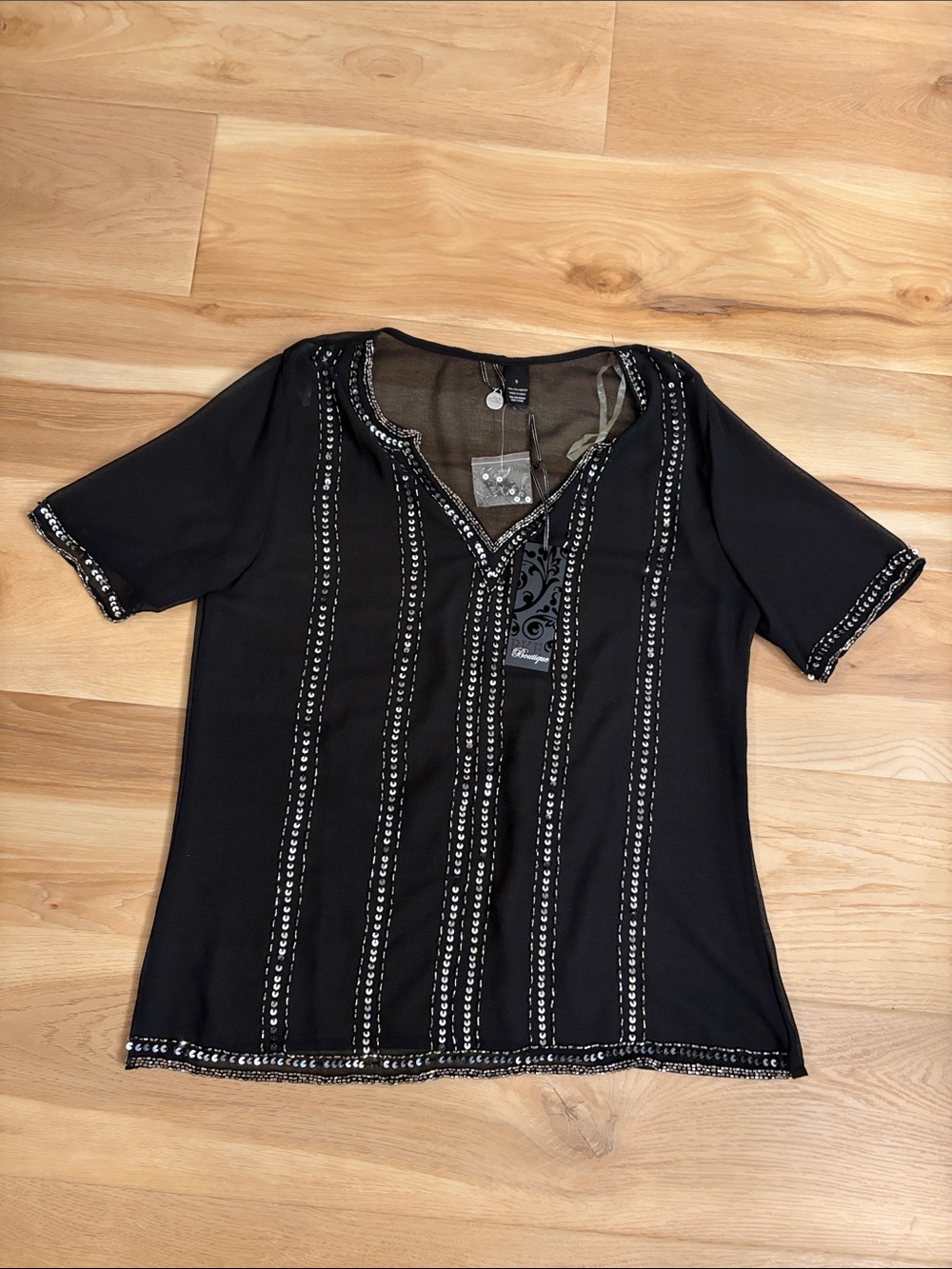 BKE Black Short Sleeve V-Neck Top with Silver Embellishment